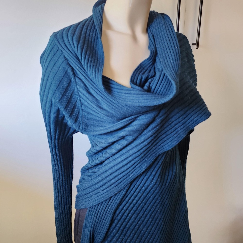 Wool blend open ribbed long sleeved asymmetric wrap cardigan